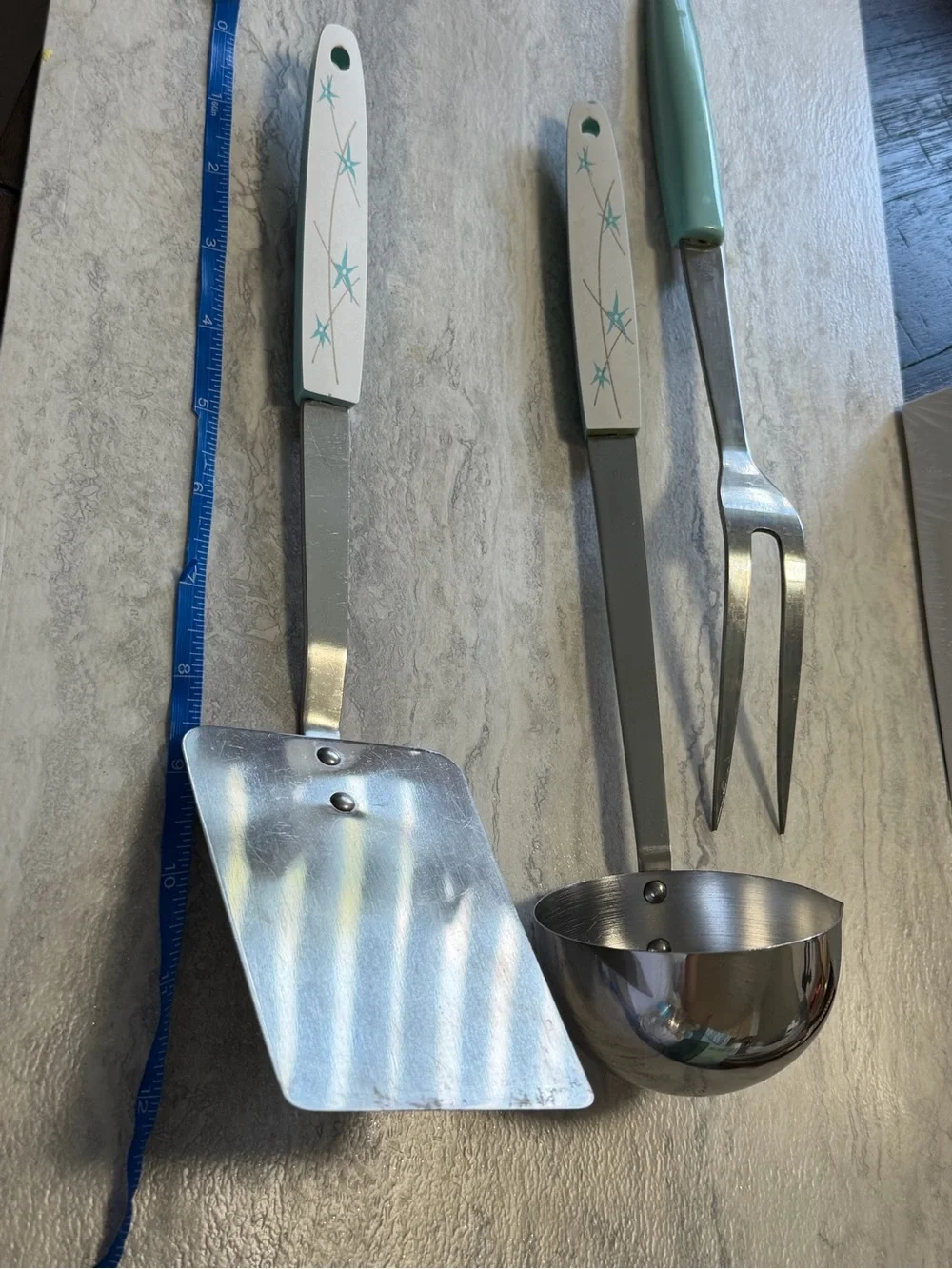 HPH Atomic Starburst White and Turquoise Blue Cooking Utensils Set of 3 Vintage